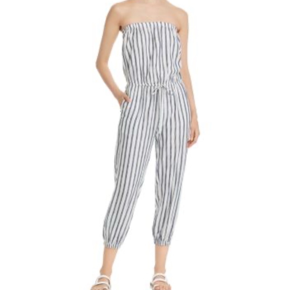 White & Blue Striped Tube Top Jumpsuit Elastic Waist Tassel Tie Size S Casual